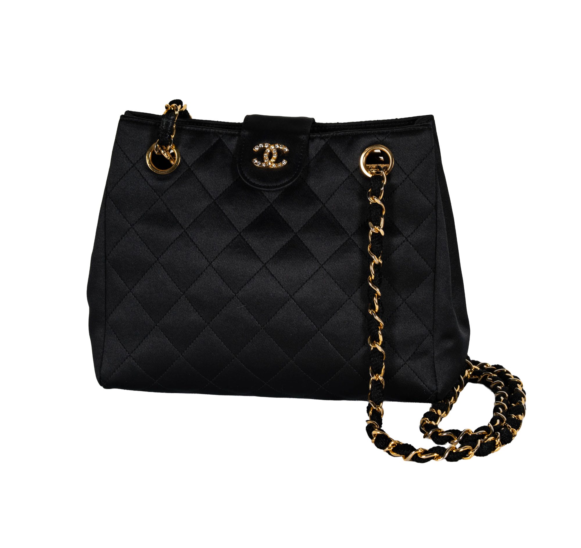 Chanel Black Satin Quilted Evening Bag