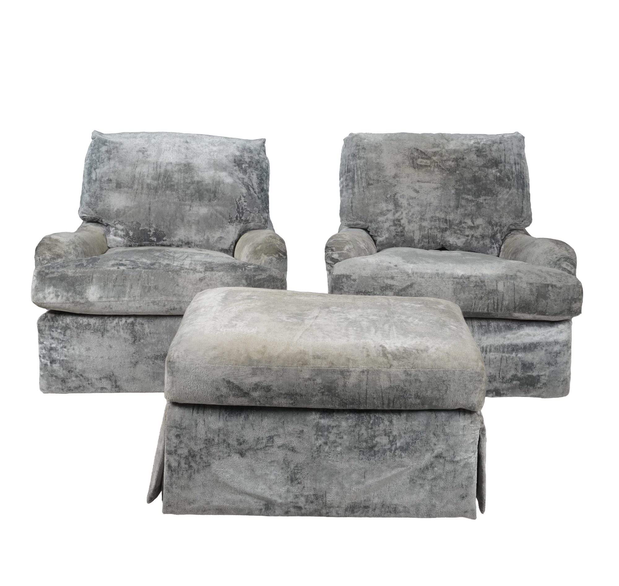 A Pair of A. Rudin Fully Upholstered Club Chairs with Ottoman