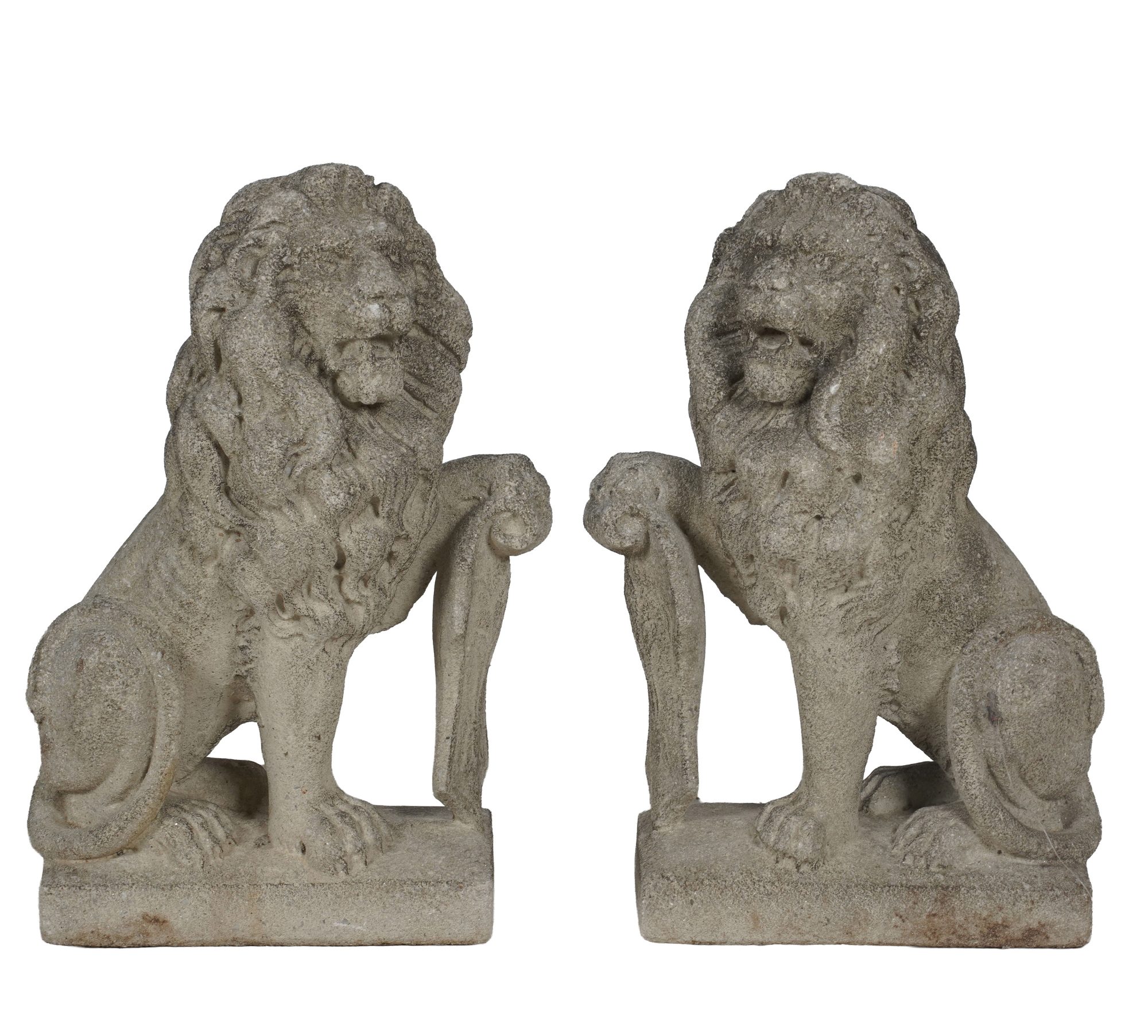 A Pair of Cast Stone Seated Lions with Shields