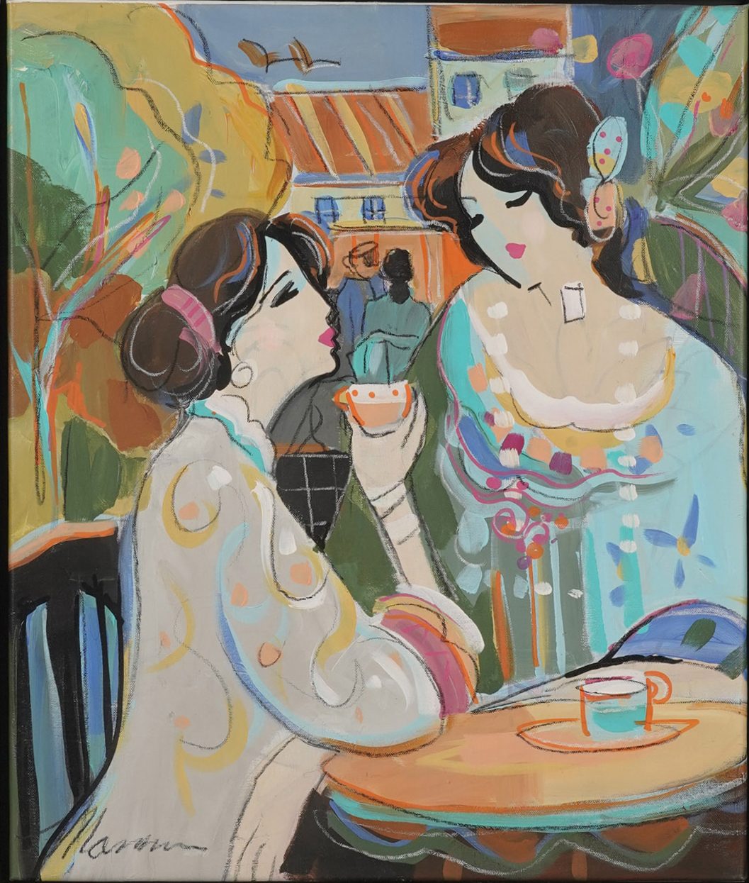 Framed Painting of Two Women at Cafe