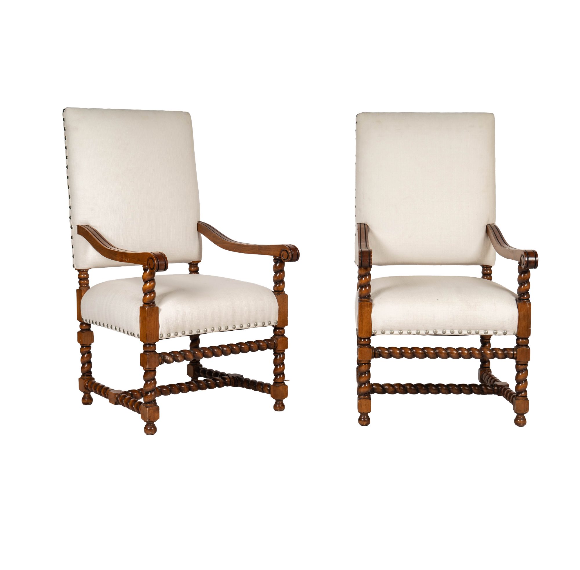Pair of Jacobean-Style White Upholstered Armchairs