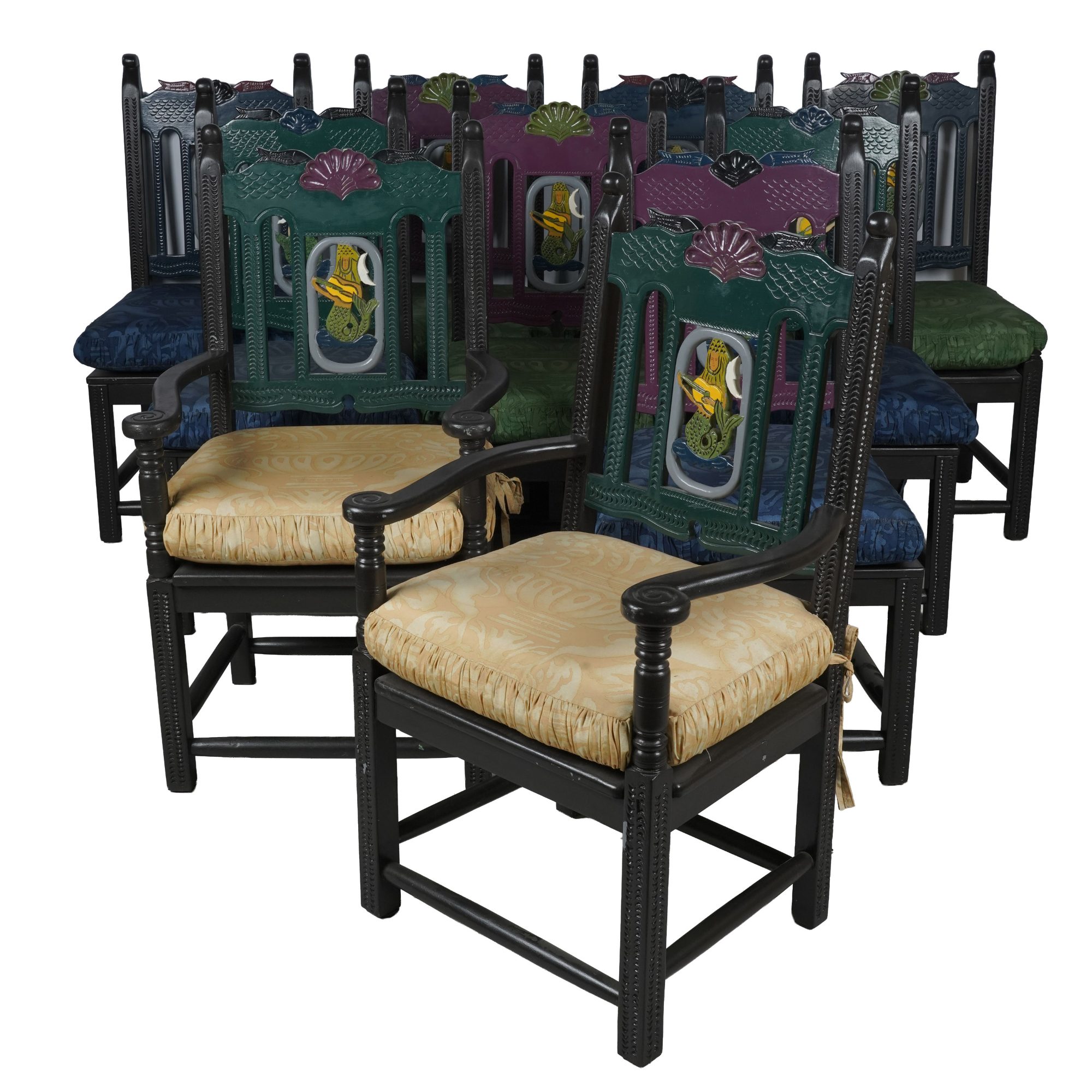 Set of Ten Painted Wood Mermaid-Motif Dining Chairs