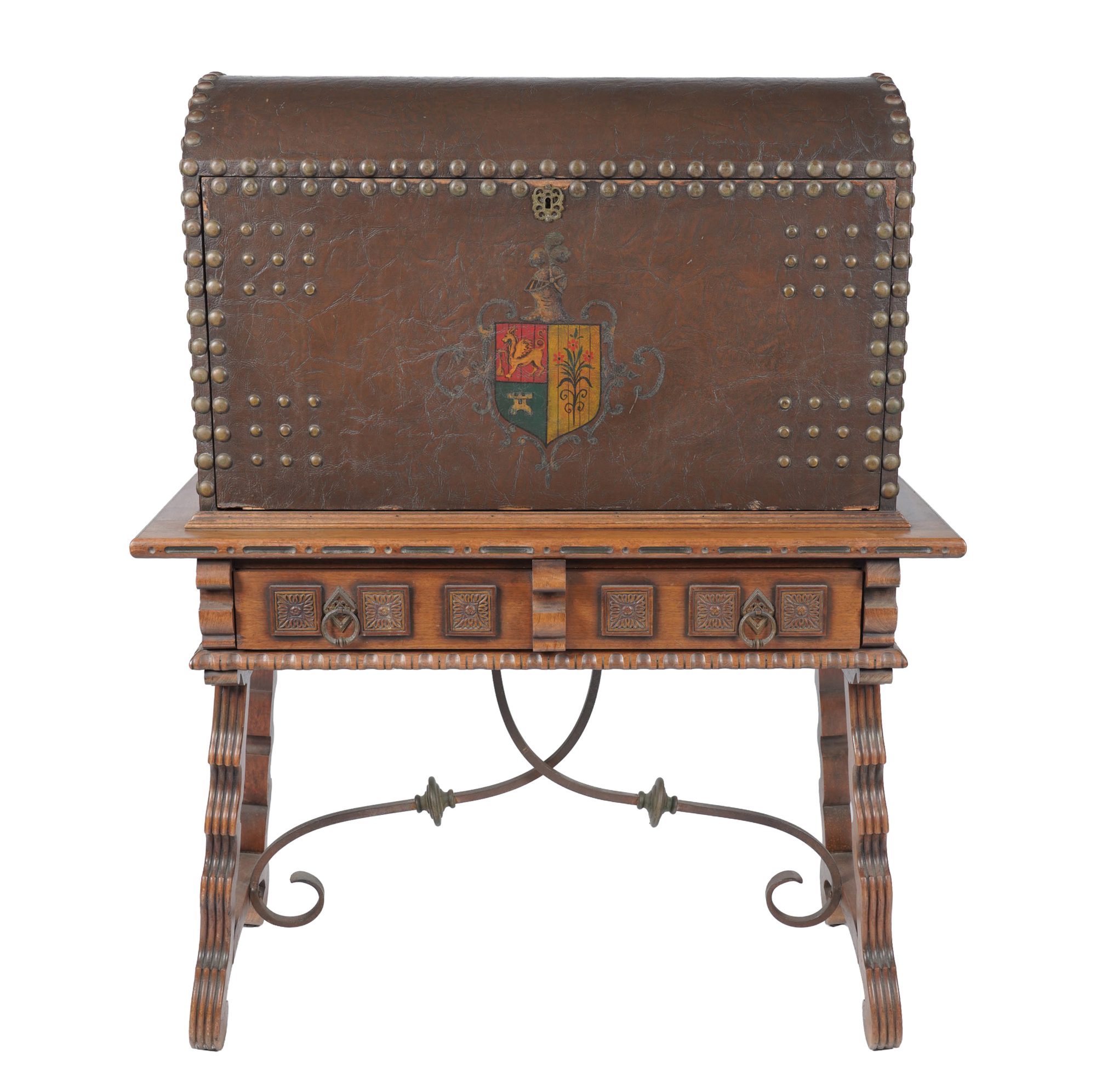 A Leather Clad Dome-Top Vargueno on Carved Wood and Iron Base