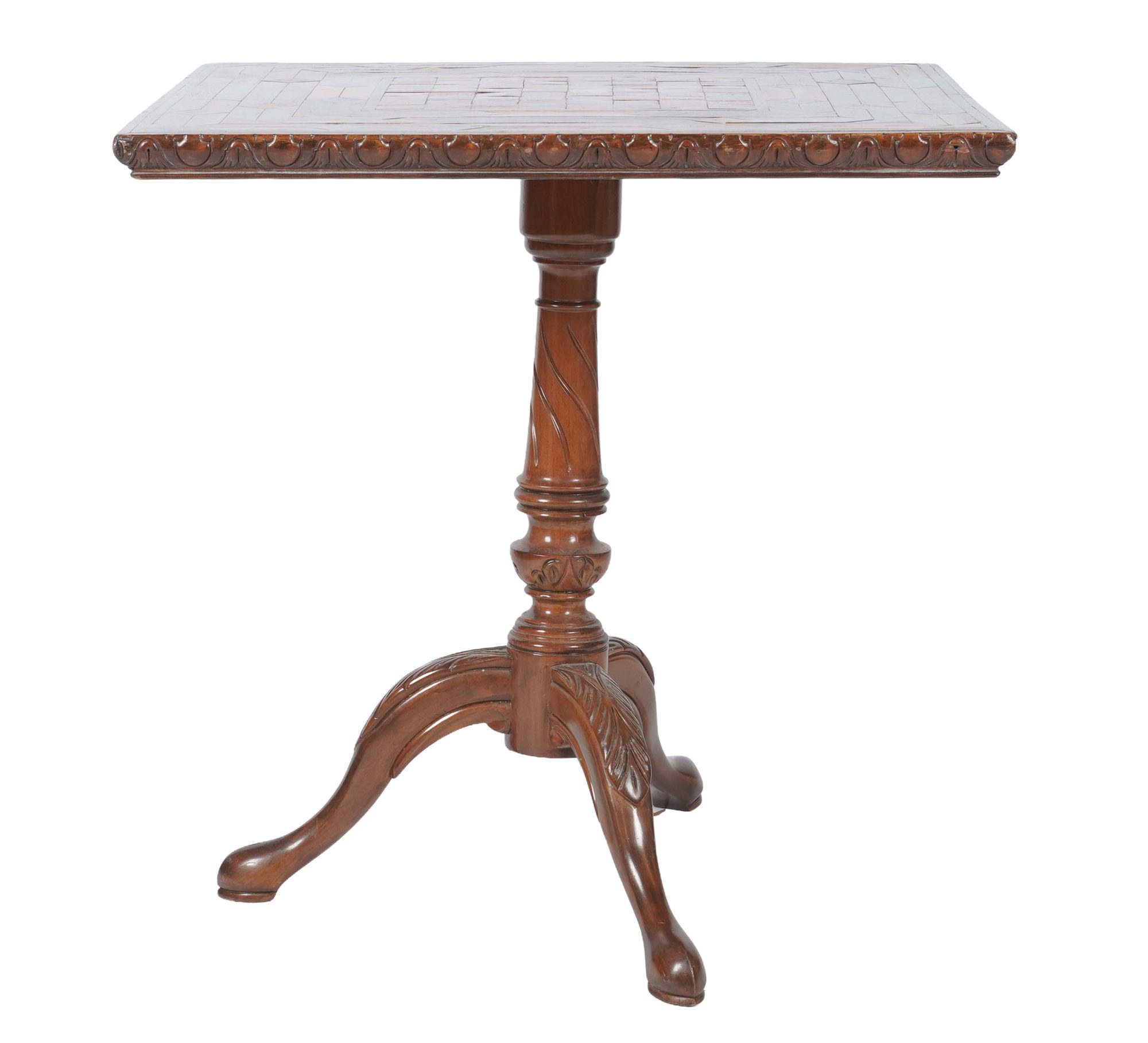 An English Style Game table on Carved Tripod Base with Two-Tone Inlaid Top
