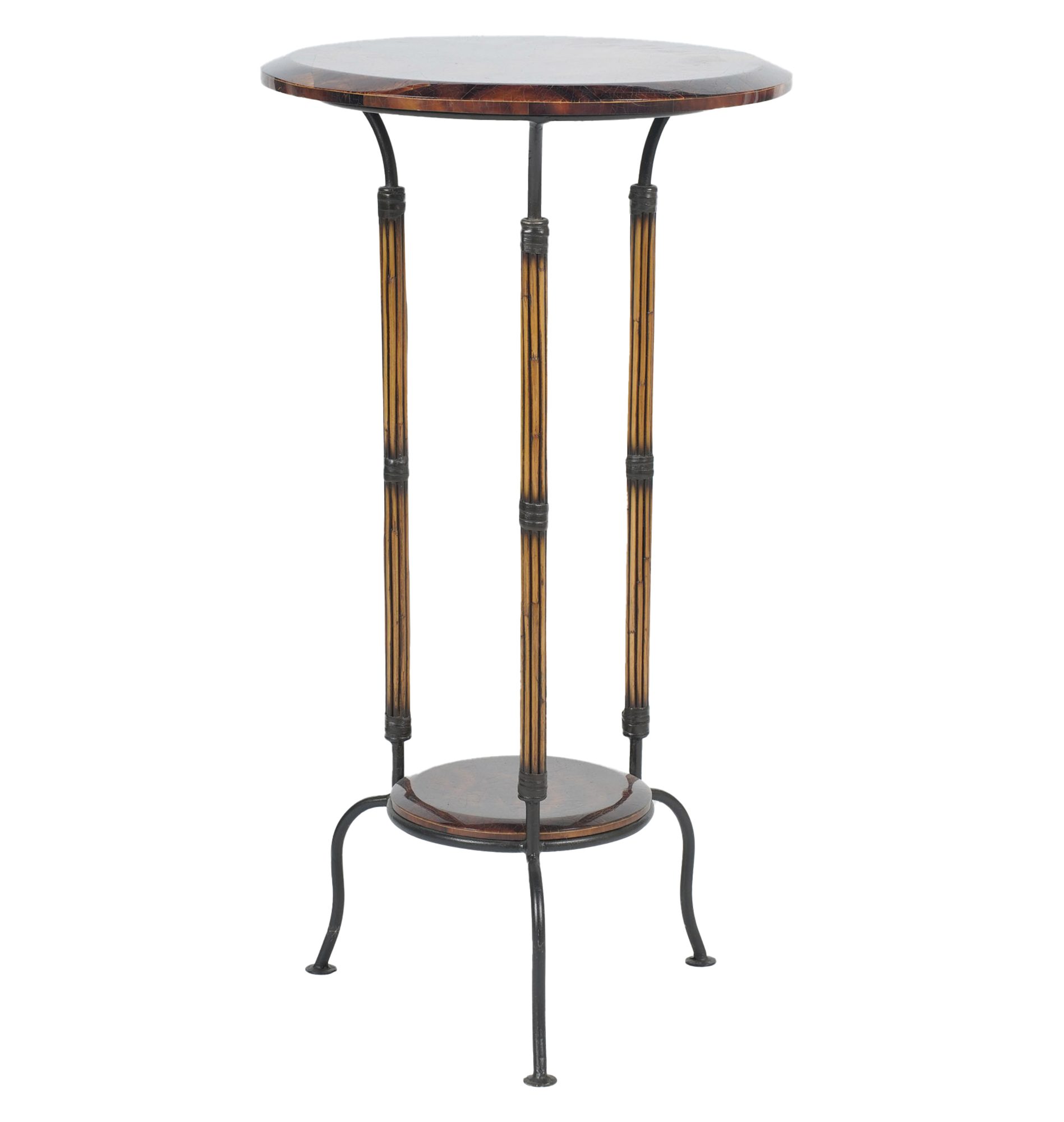 A Wood and Metal Circular Drink Table with Burl Wood Top