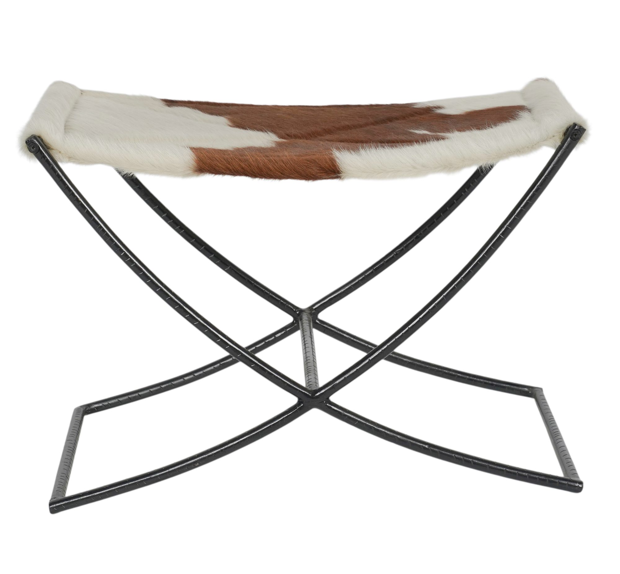 A Modern Iron Base Low Bench Covered in Natural Cowhide