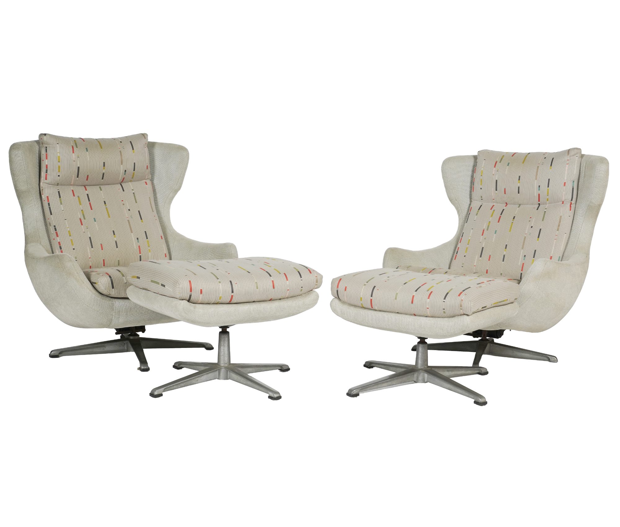 Pair of Mid-Century Gray Upholstered Armchairs with Ottomans