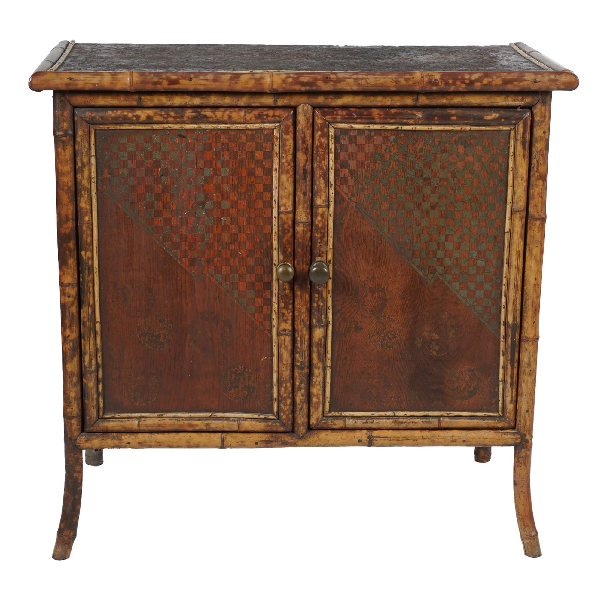 A Burnt Bamboo Side Cabinet with Painted Panel Doors