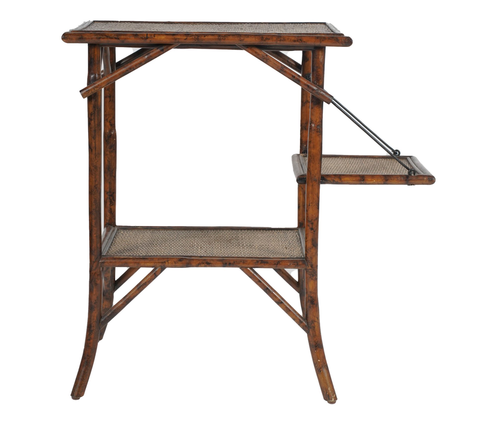 A Burnt Bamboo Side Table With Raffia Covered Top and Shelf