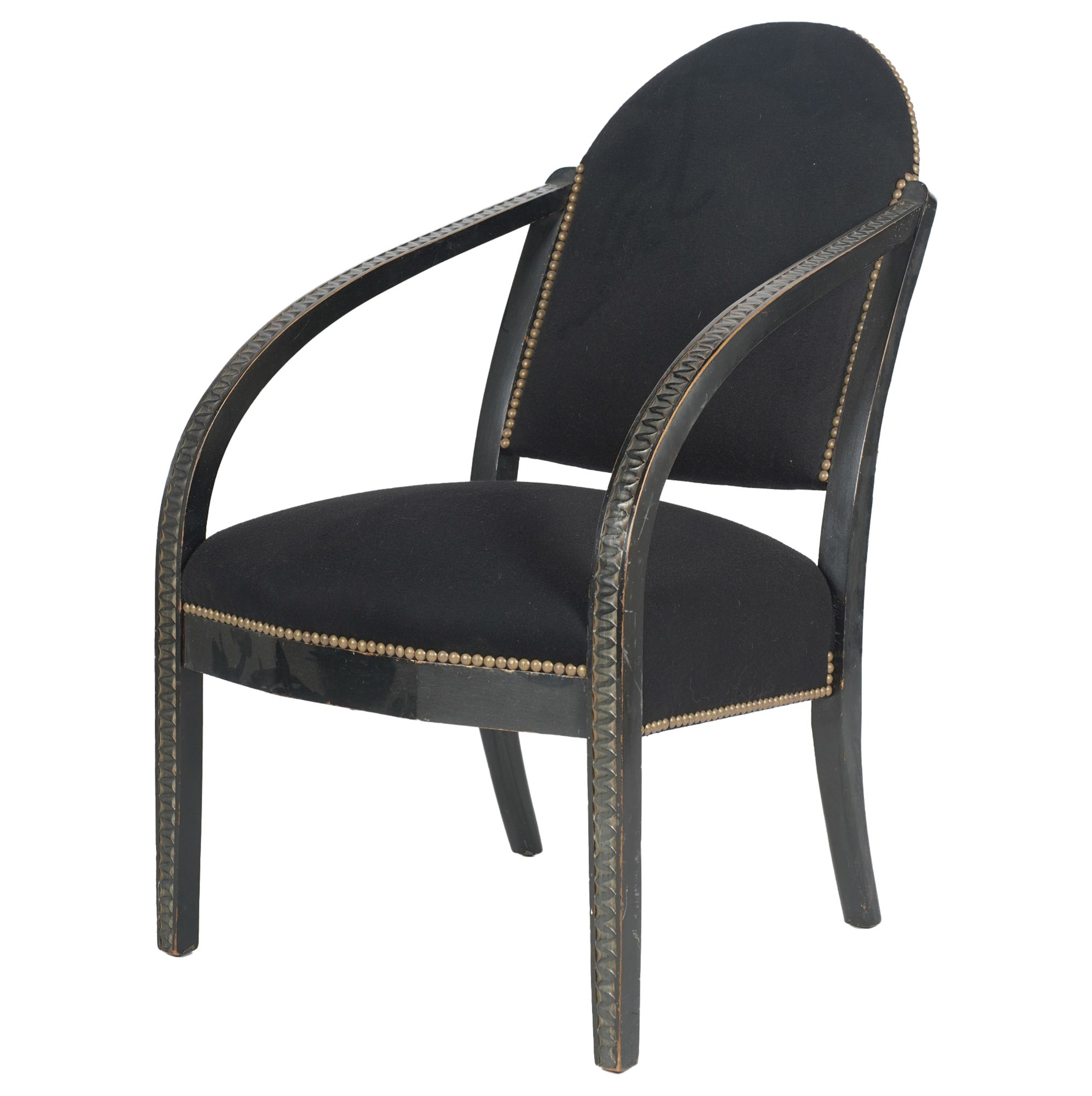 A French Art Deco Style Black and Gold Armchair Covered in Black Velvet