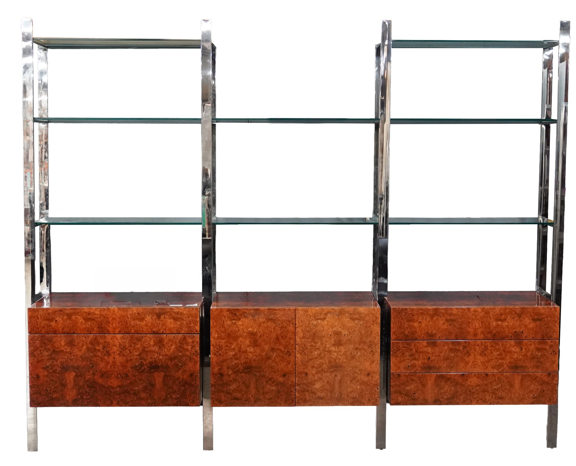 A Milo Baughman Polished Steel and Burlwood Wall Unit