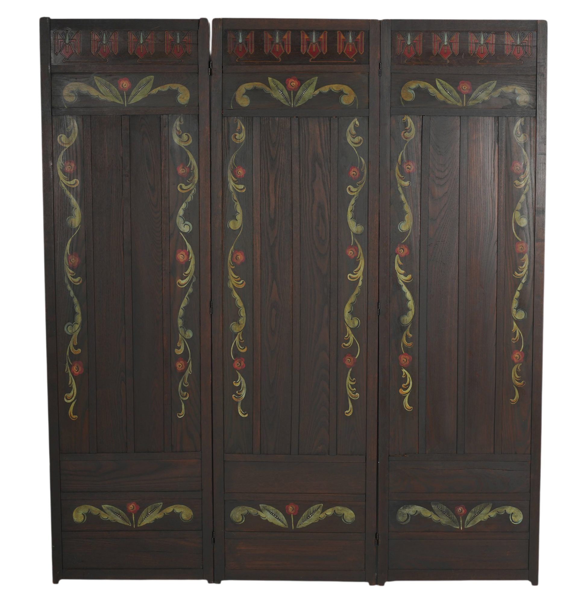 A Monterey Style Three Panel Floor Screen Painted with Flowers