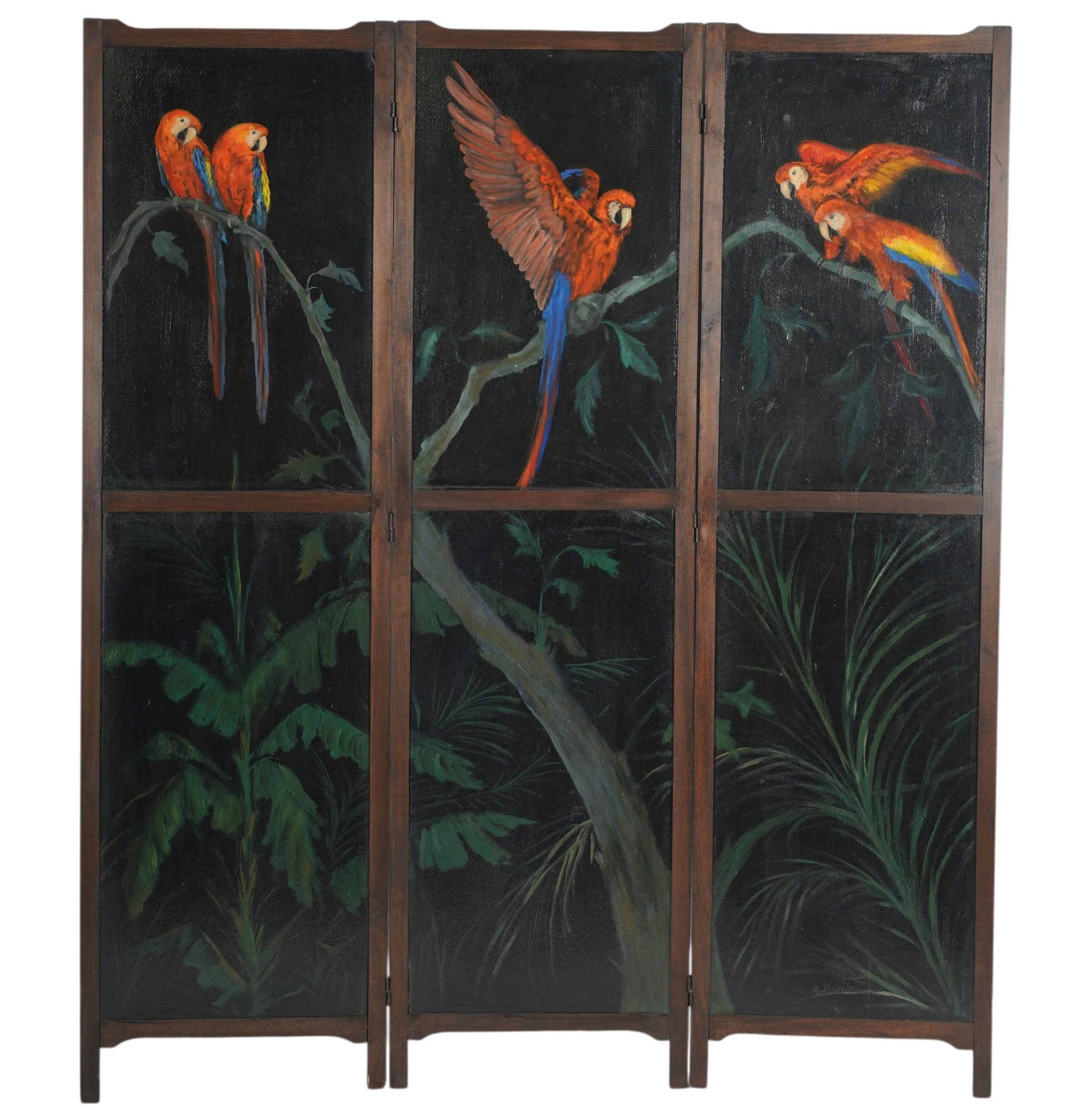 A Monterey Style Three Panel Floor Screen Painted with Birds