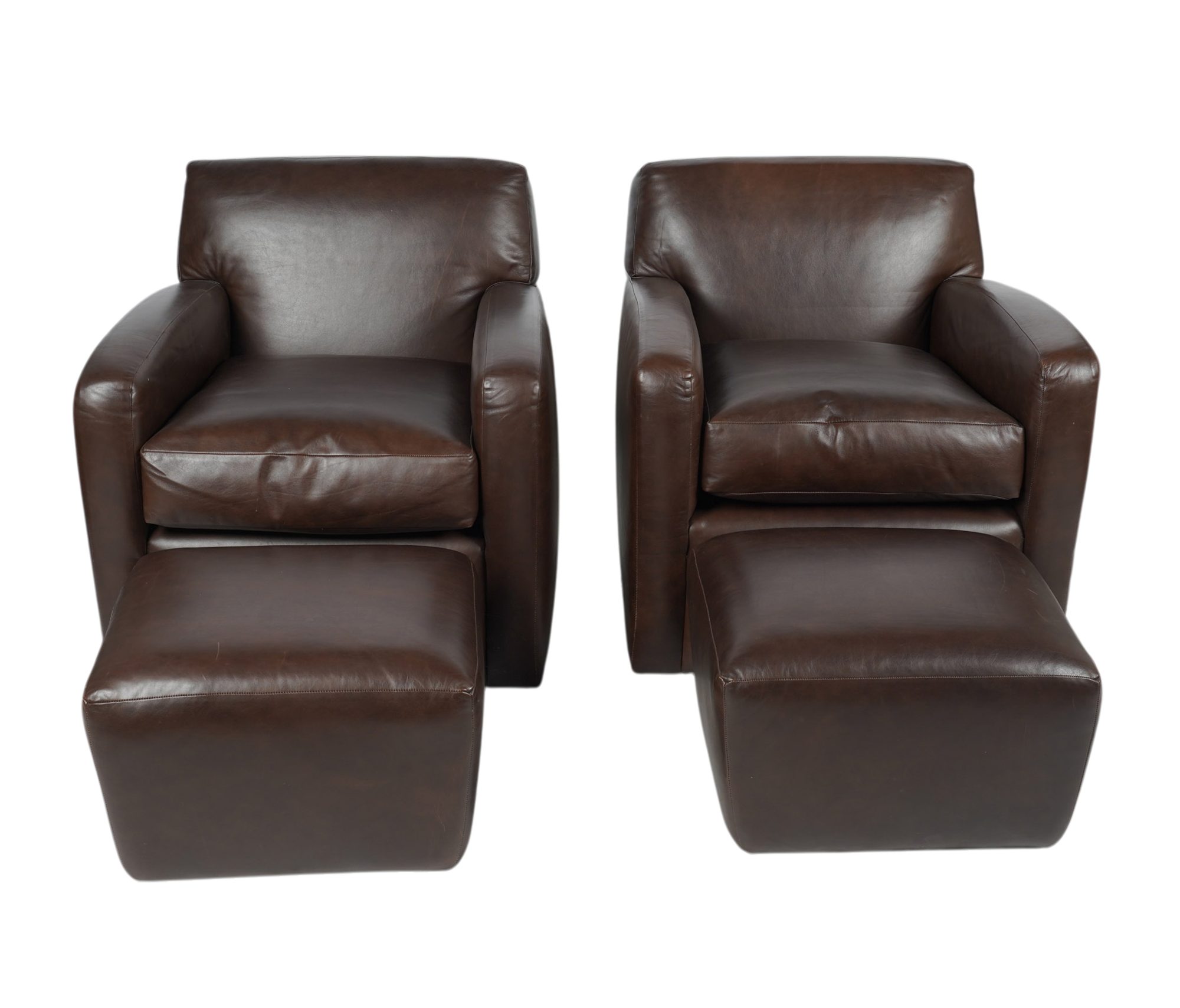 Pair of Gina B. Leather Club Chairs with Ottomans
