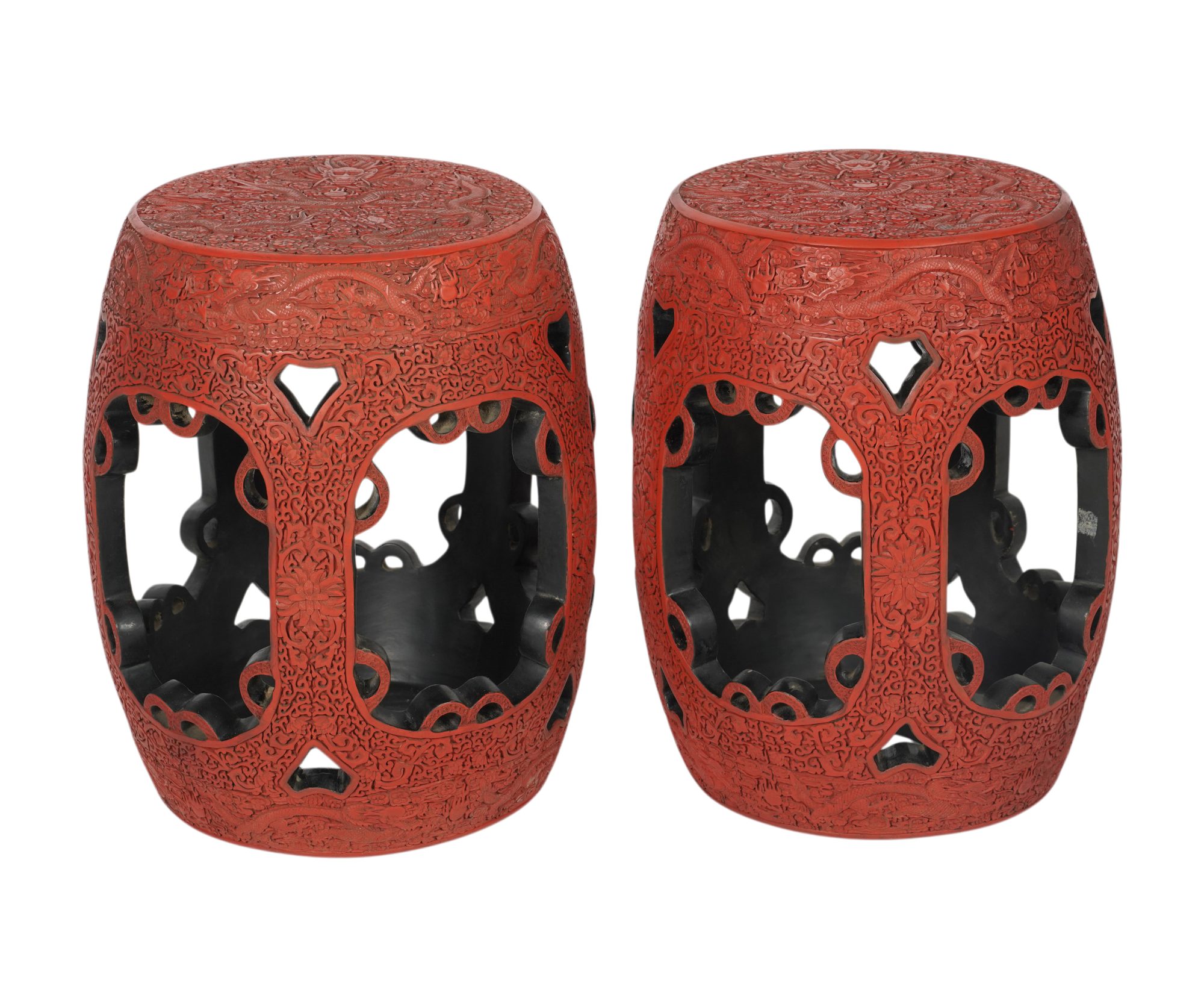 A Pair of Red Cinnabar Reticulated Barrel Style Taborets