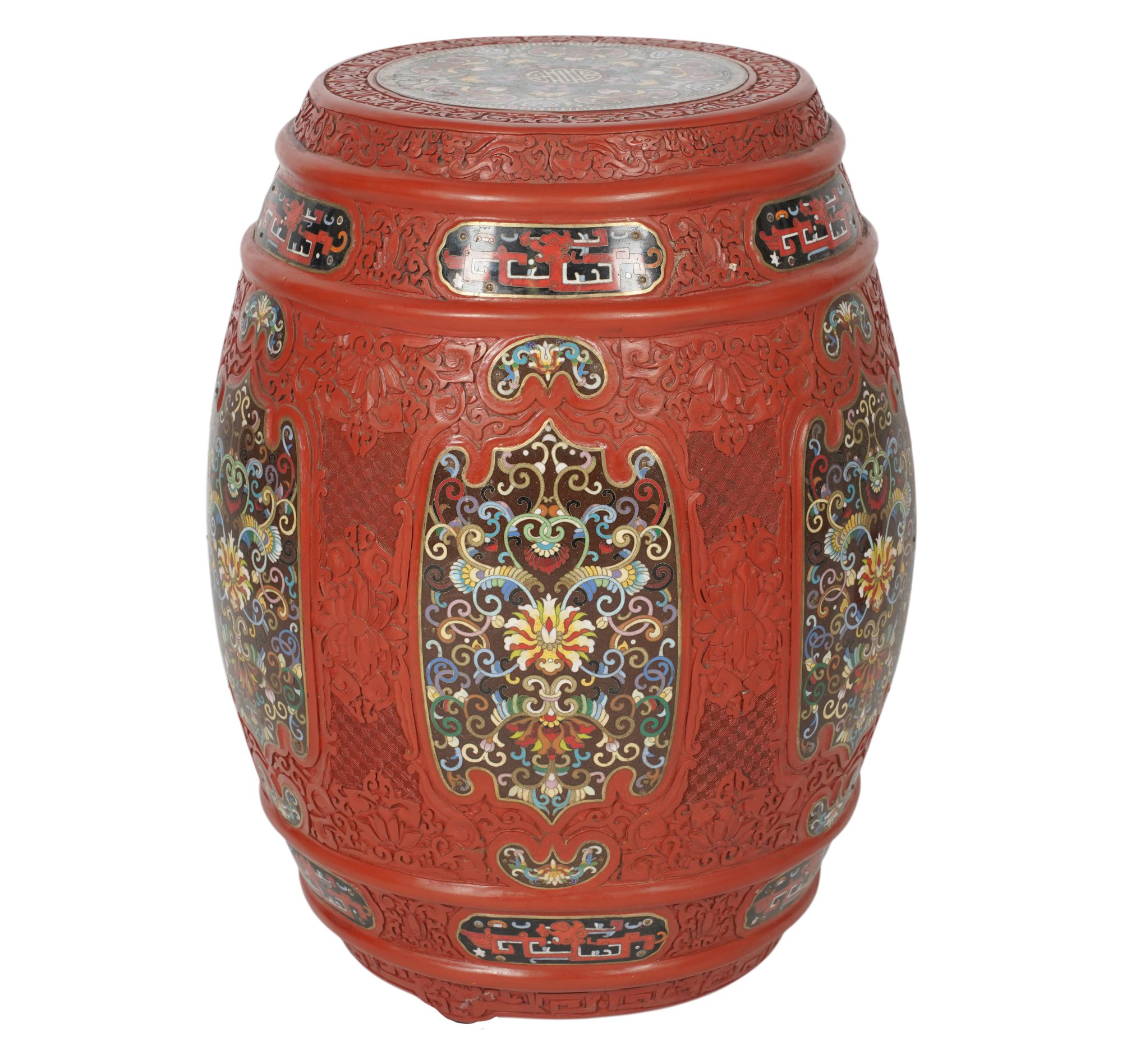 A Red Cinnabar and Cloisonné Taboret