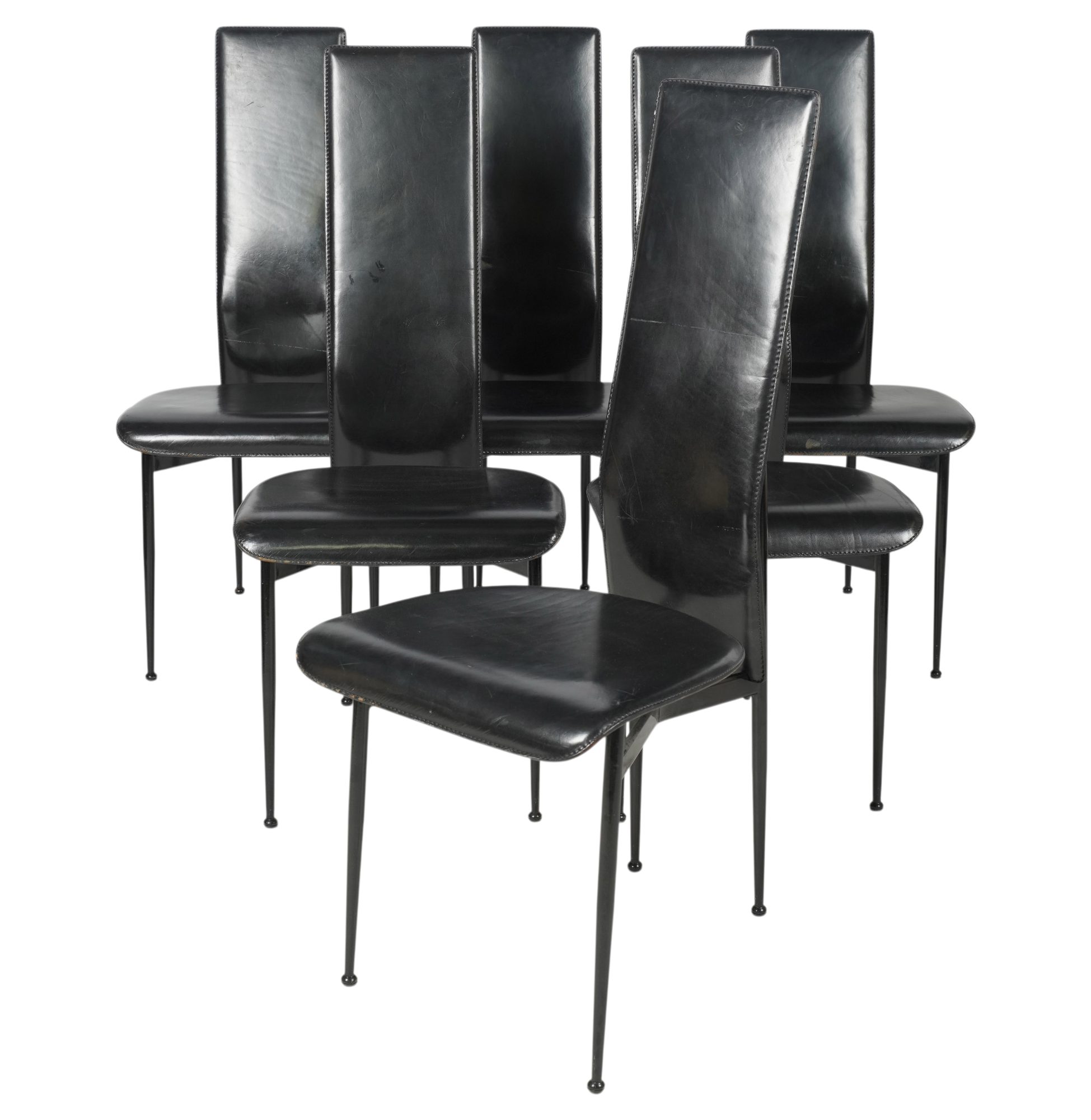 Giancarlo Vegni and Gianfranco Gualtierotti for Fasem, Set of Six Black Leather Dining Chairs