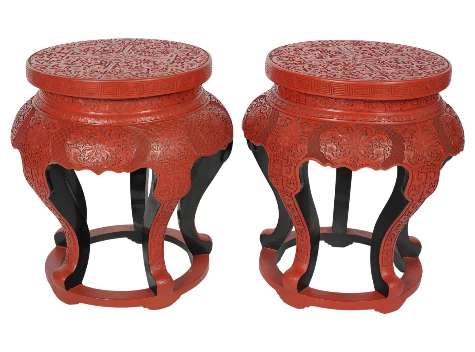 A Pair of Red Cinnabar Round Taborets