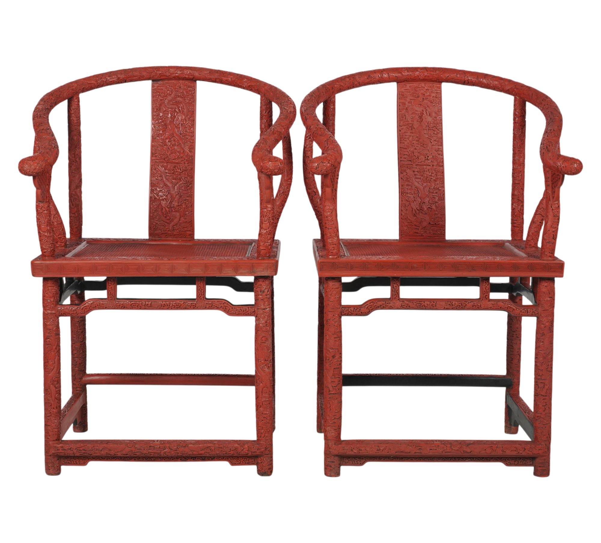 A Pair of Red Cinnabar Dynasty Style Arm Chairs