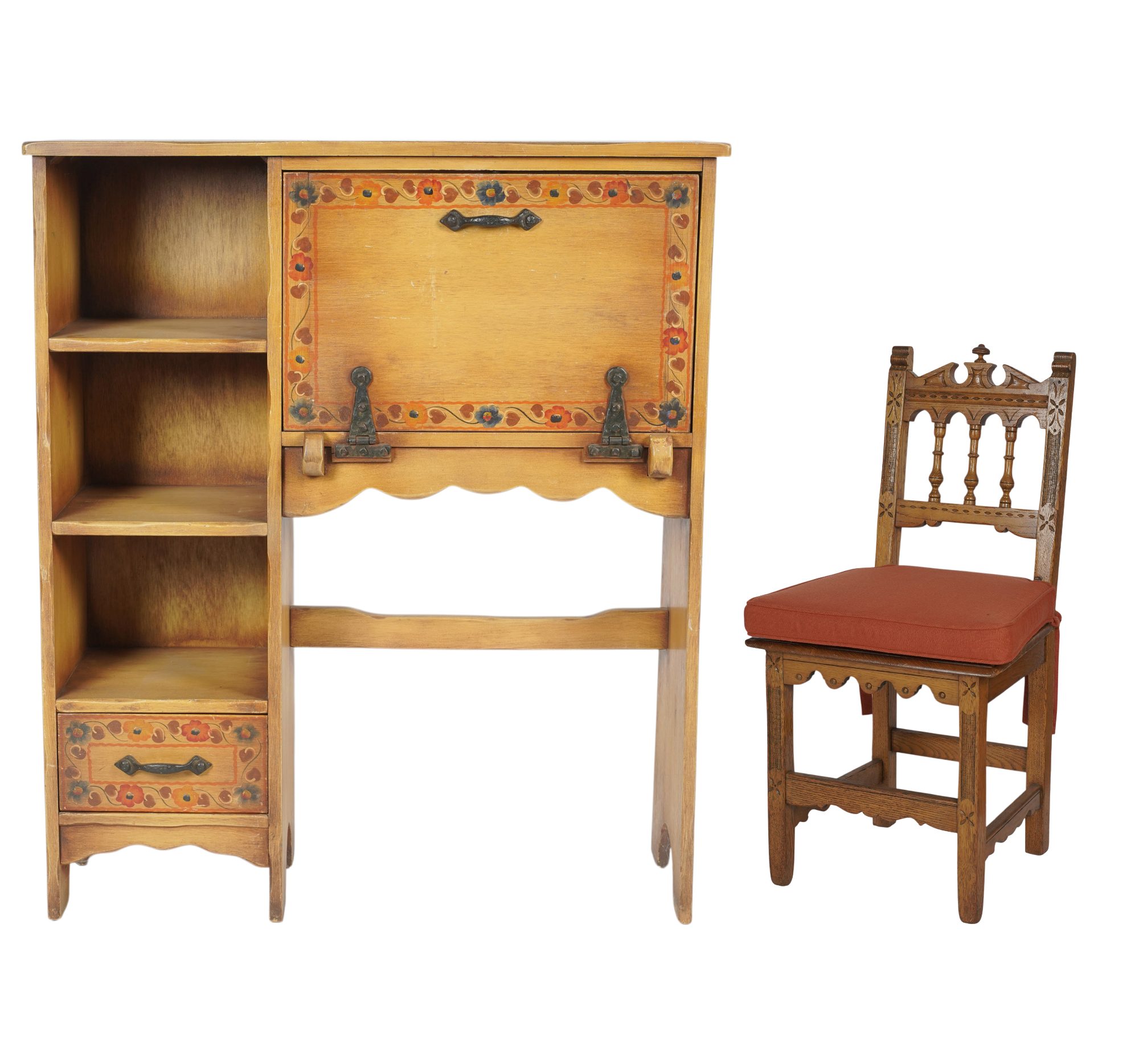 A Painted Monterey Style Drop Front Desk, Bookcase, and Chair