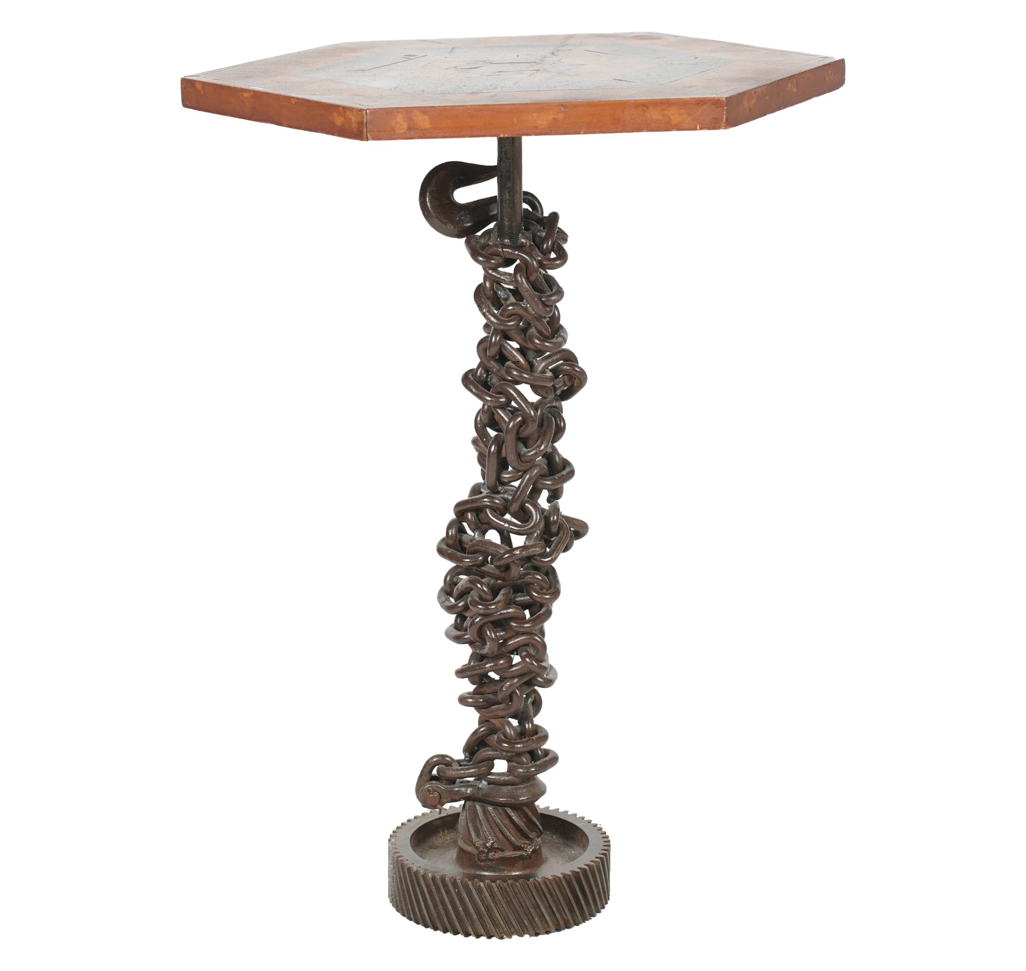 Industrial Steel Base Hexagonal Parquetry Wood Side Table