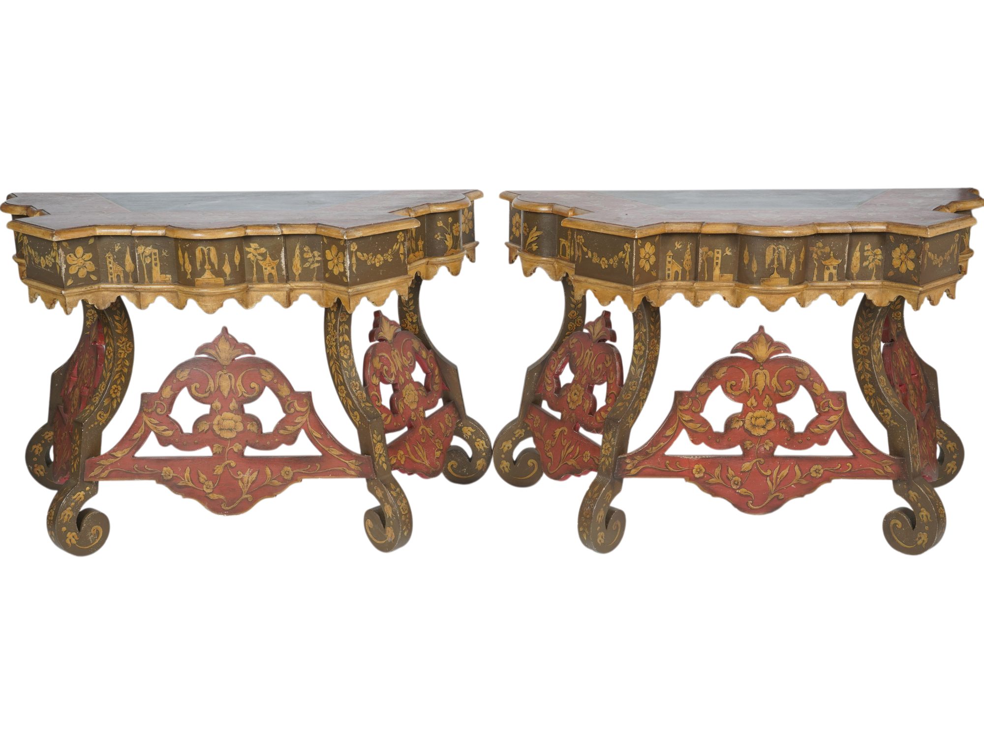 A Pair of Florentine Style Painted Console Tables