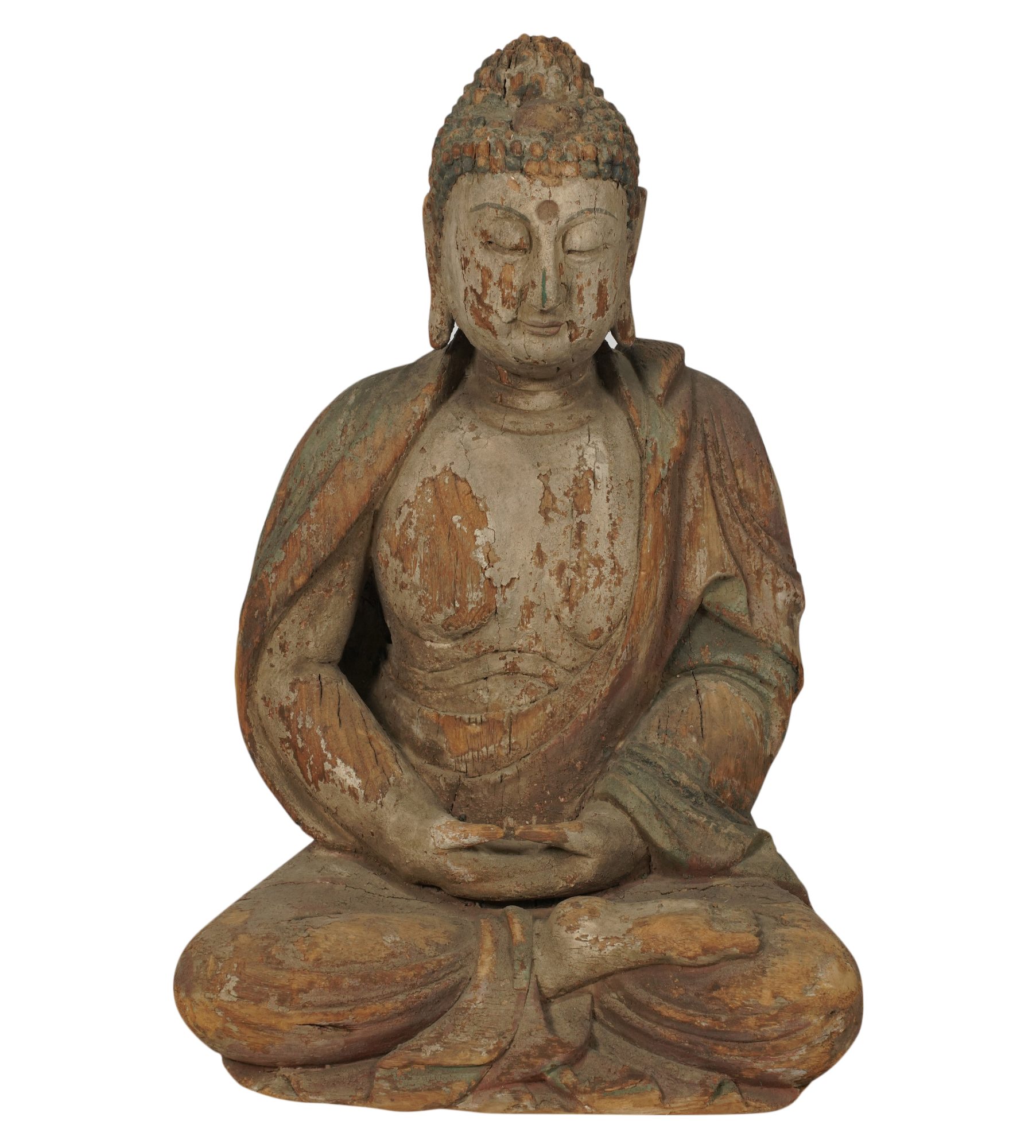 A Seated Wooden Buddha with Weathered Finish