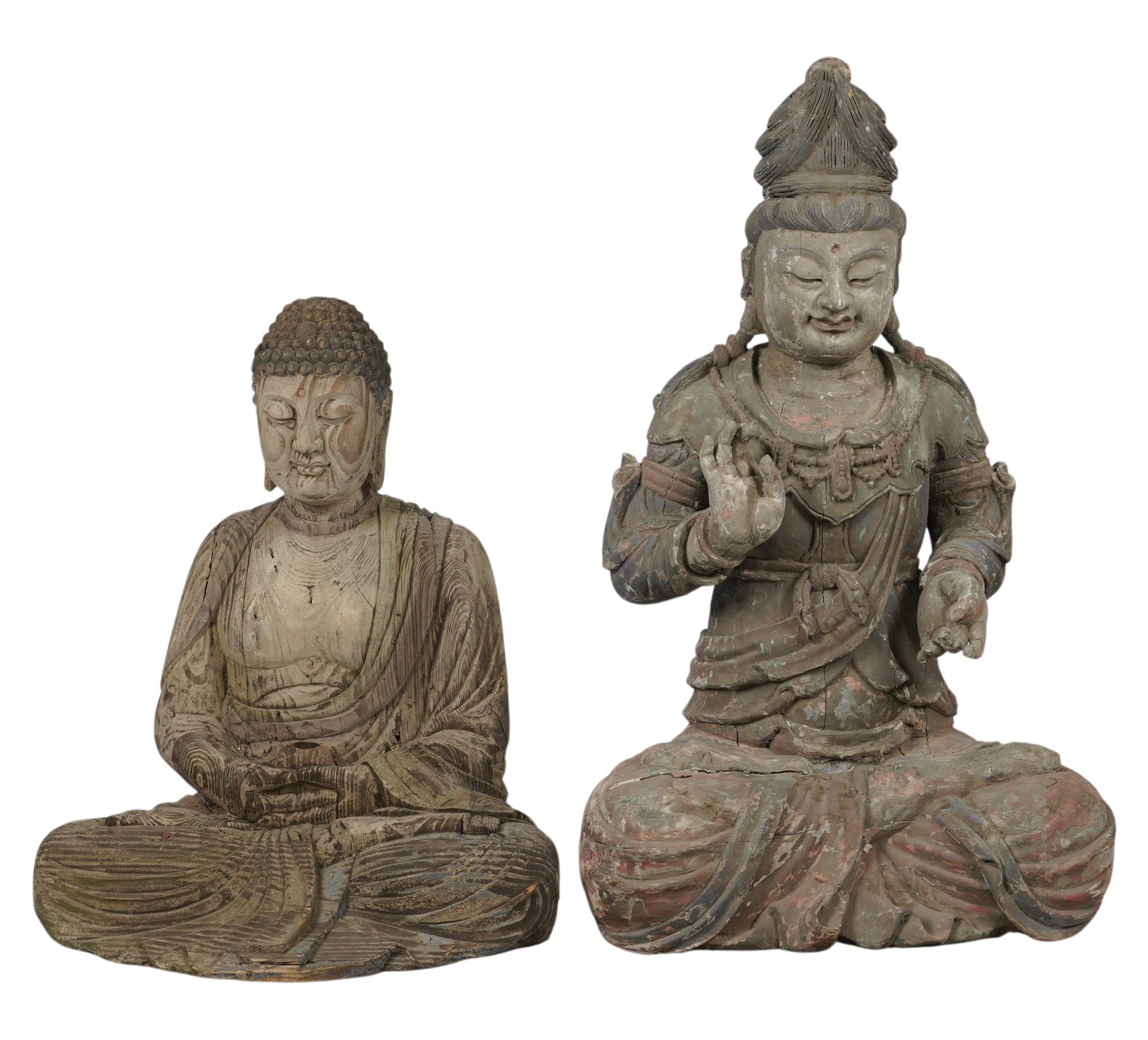 Two Complimenting Seated Buddha in Carved Wood