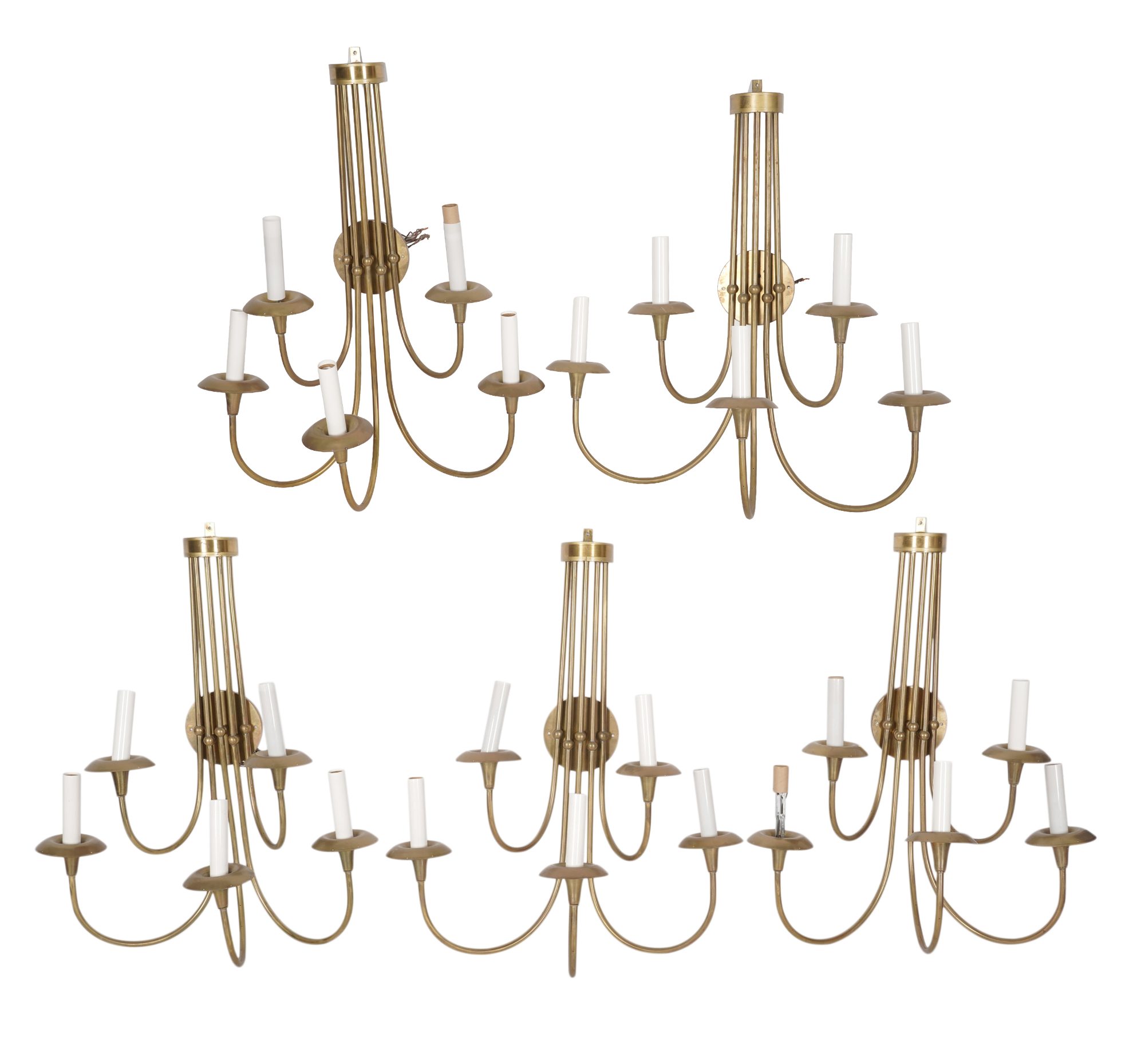 Five Large Modern Brass Five-Light Sconces