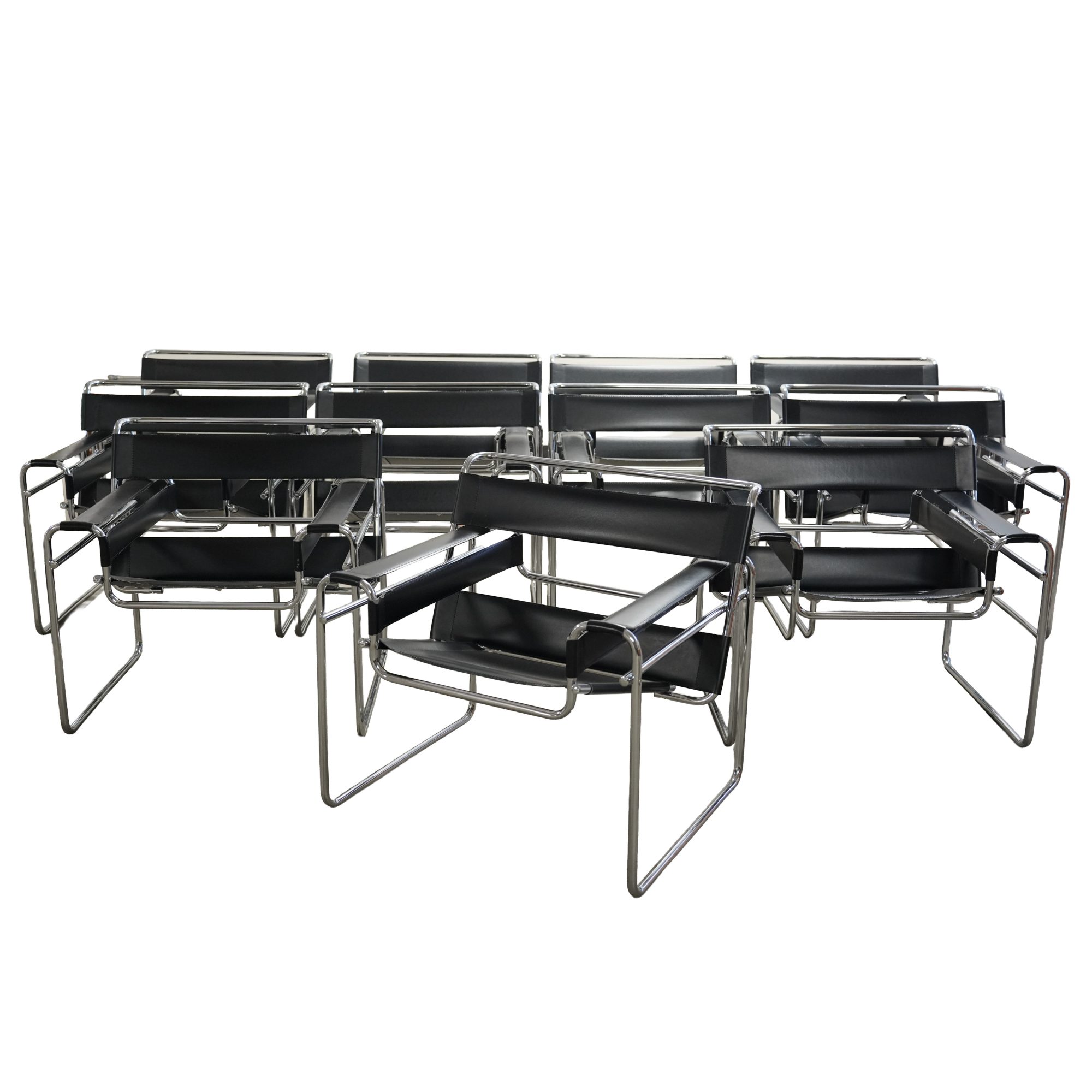 Set of 11 chrome and leather armchairs