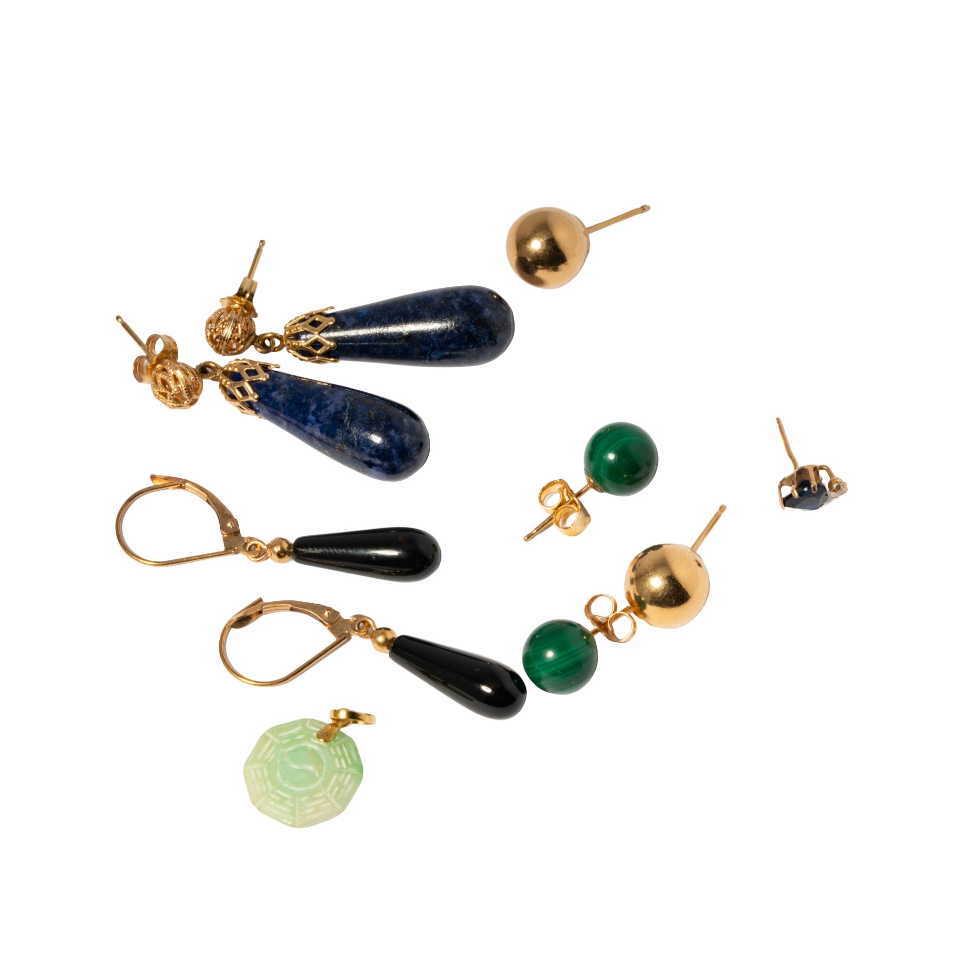 Collection of 4 sets of Gold Earrings, One Single Earring and a Jadeite Pendant