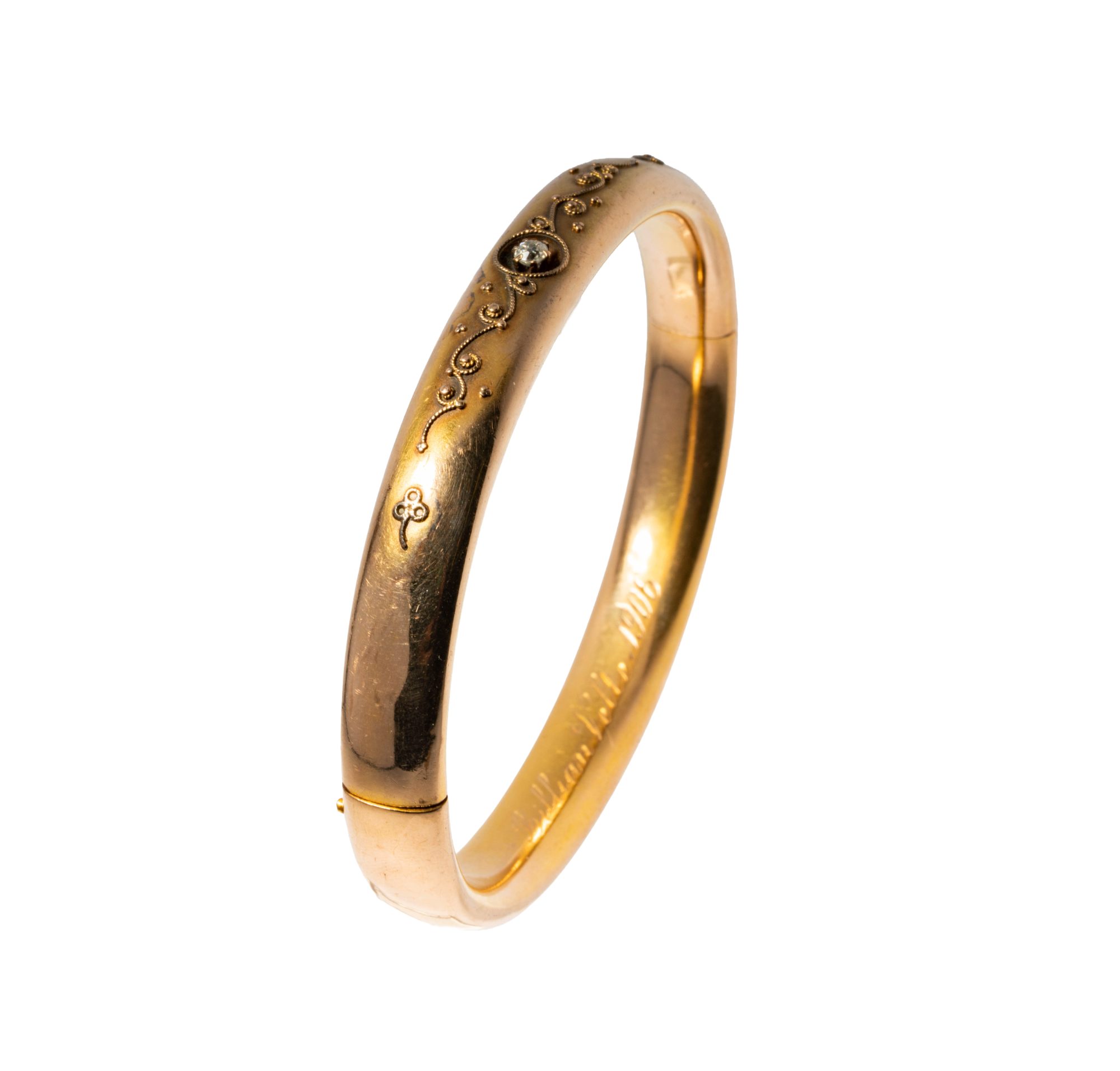 14 KT Yellow Gold Hollow Antique Hinged Bangle Bracelet