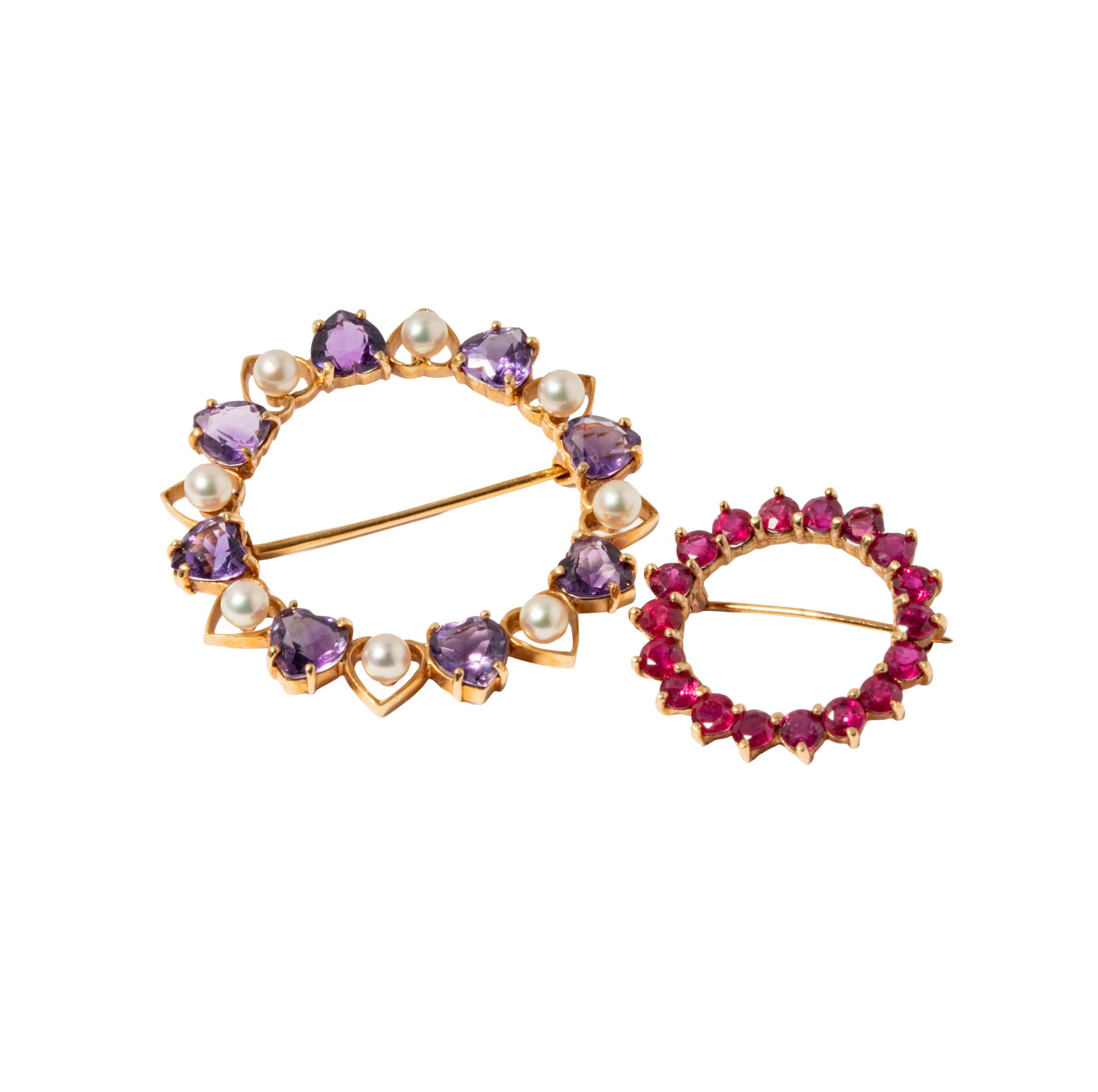 Two 14KT Yellow Gold Gem-set Brooches