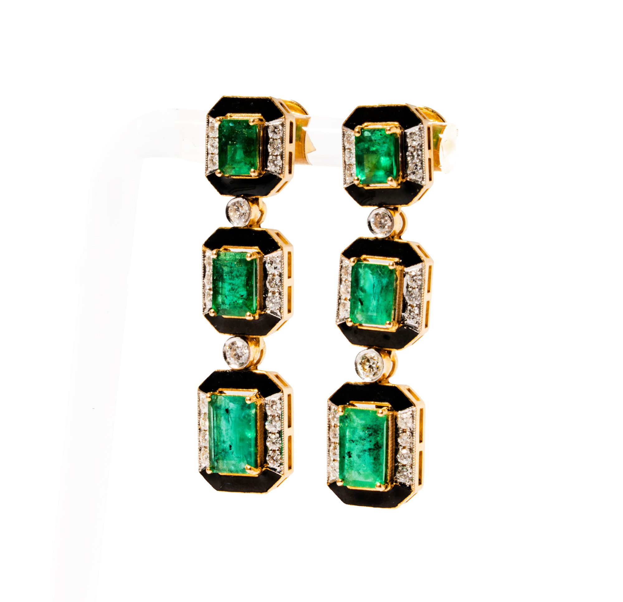 Art Deco Style, 14 Karat Yellow Gold, Diamond, and Emerald Drop Earrings