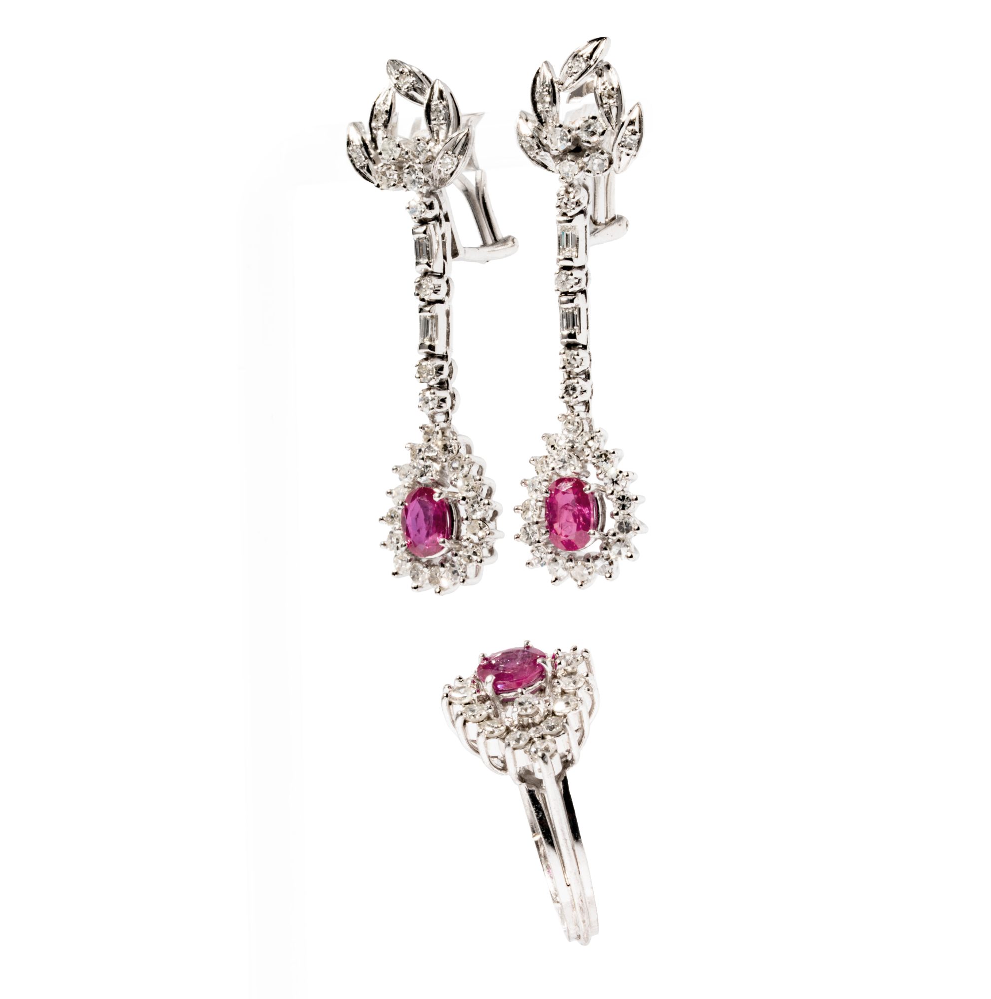 Platinum, White Gold, Diamond, Ruby Earrings and Ring