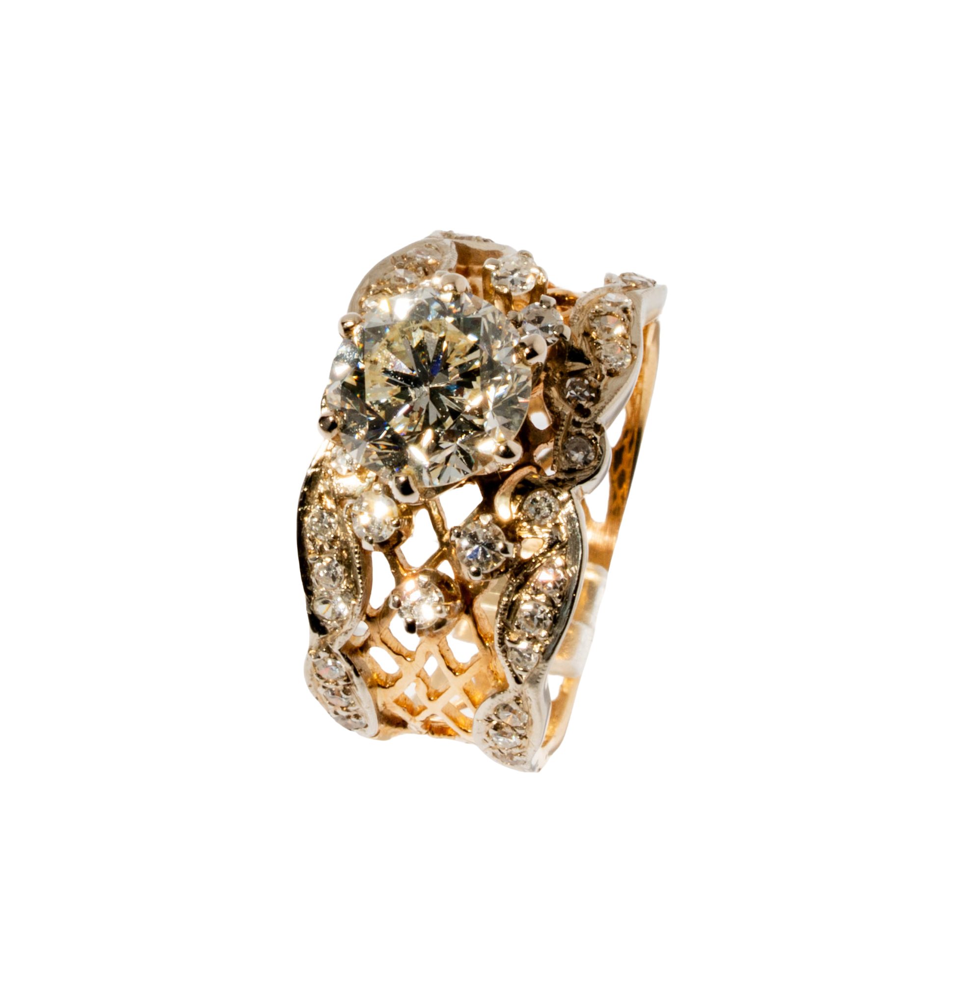 14 Karat Yellow Gold, Diamond, and Gold Ring
