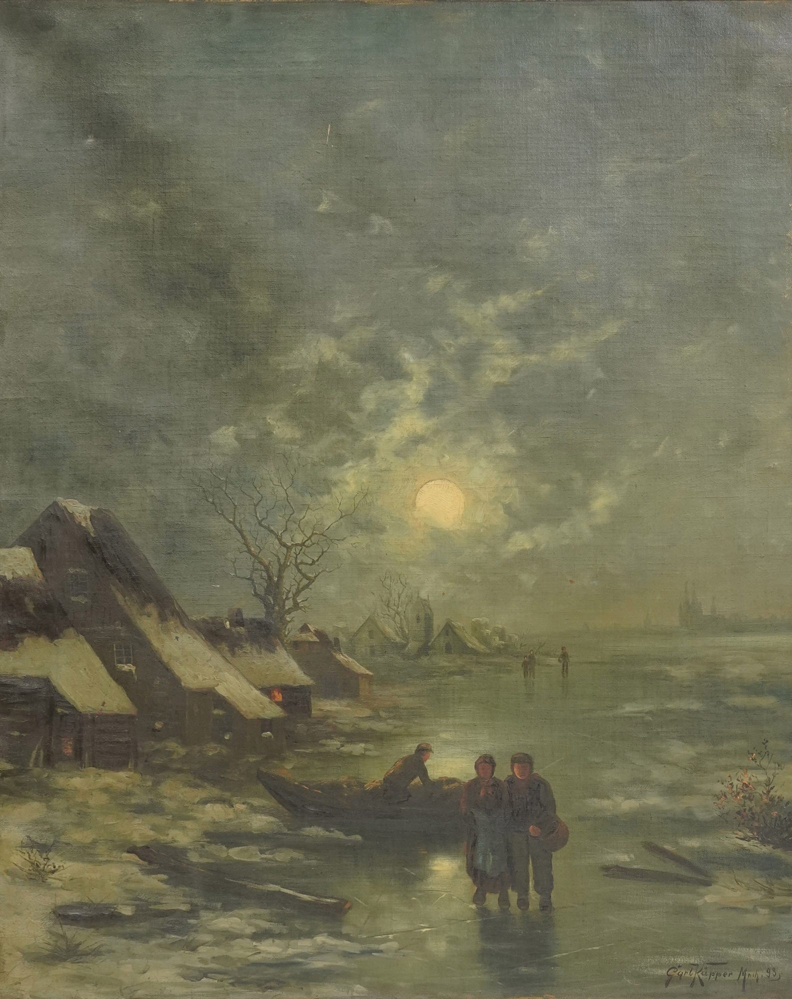 Winter Nocturne Scene oil on canvas
